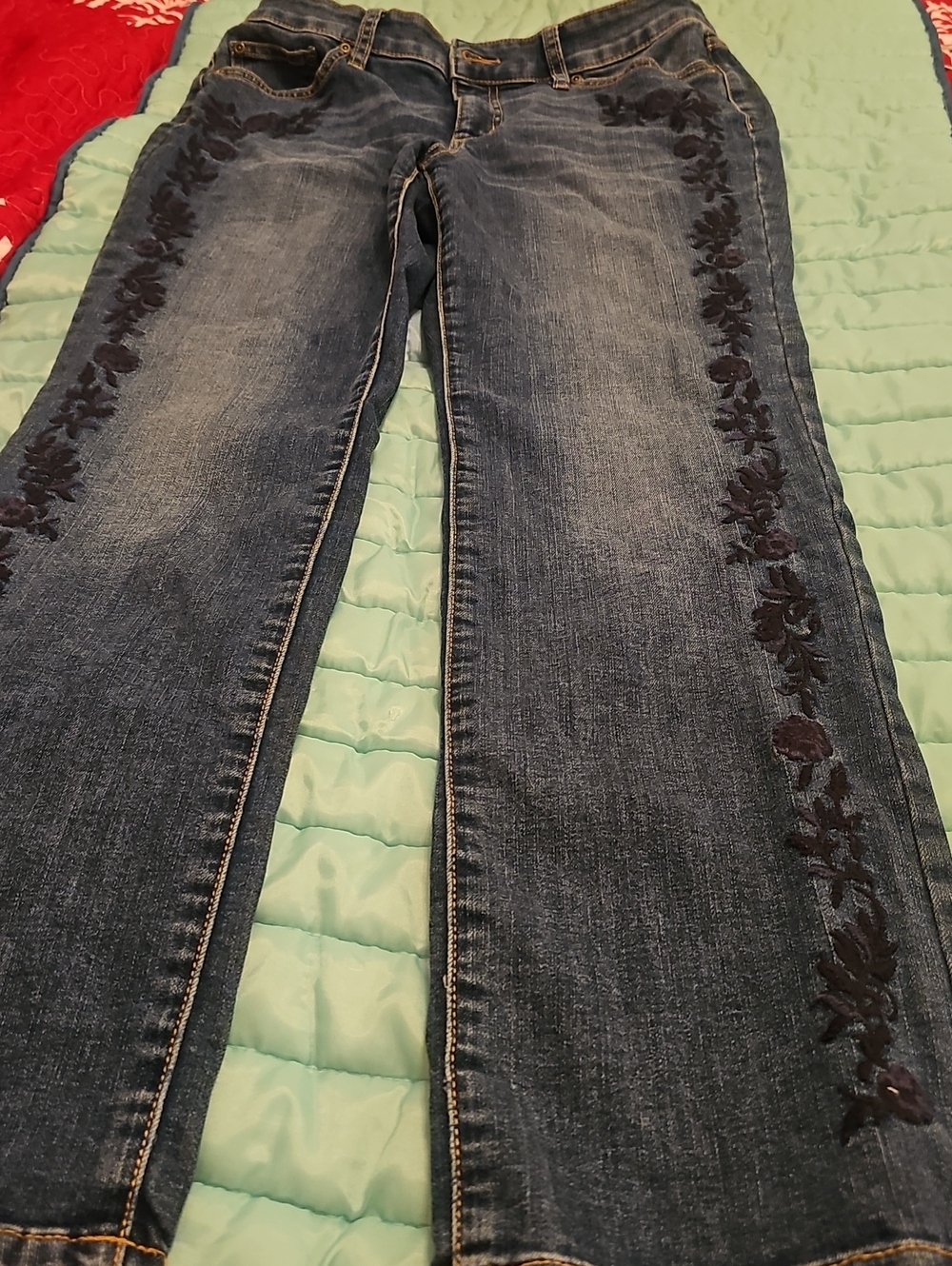 Women’s Dark Blue Straight Leg Embroidered Side-Trim Jeans